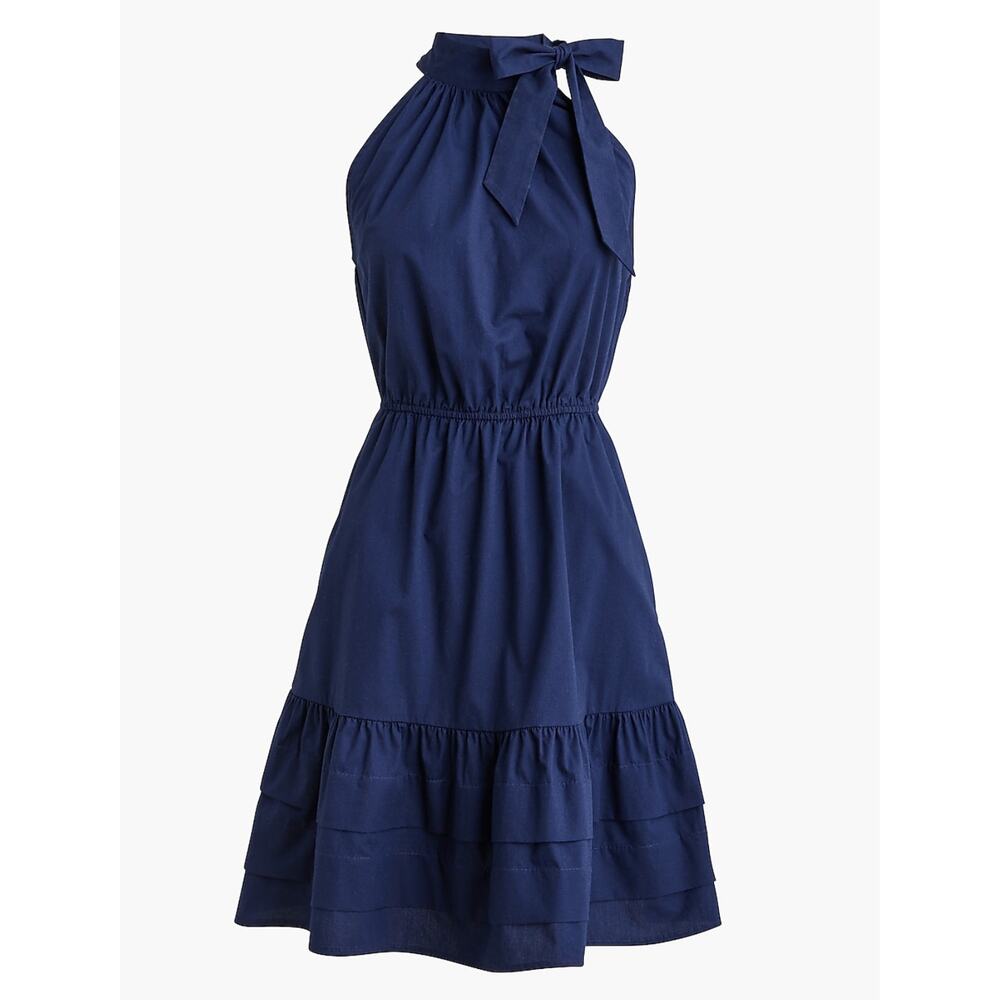 J.Crew Poplin Halter Neck Mini Dress Navy Cotton Bow Pockets Tiered US 10 NWT